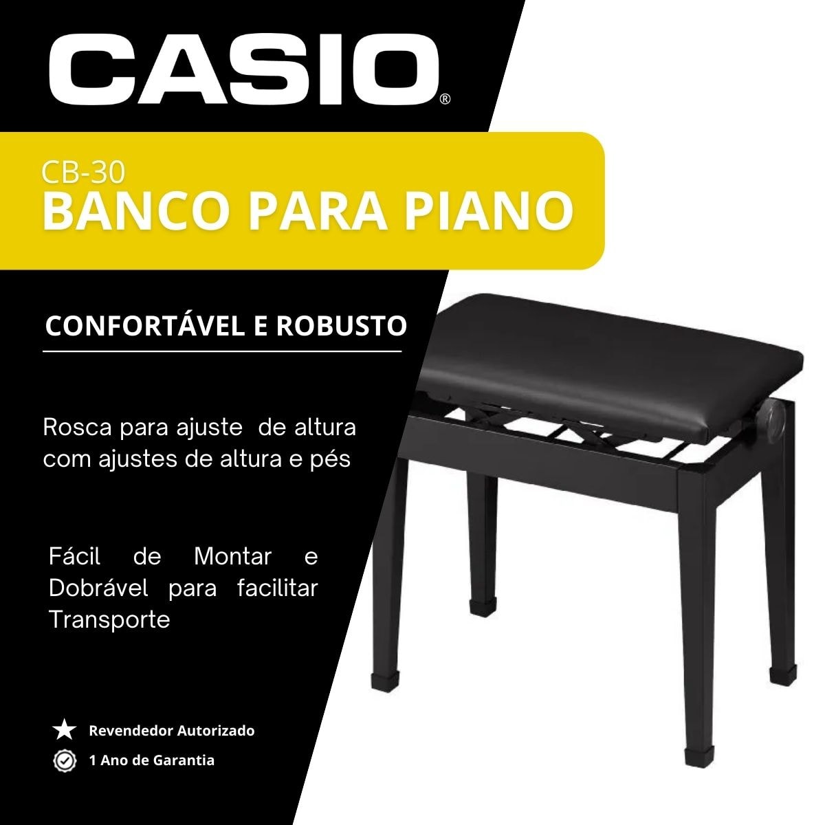 Banco para Piano e Teclado Casio CB-30 Ajustável - Preto