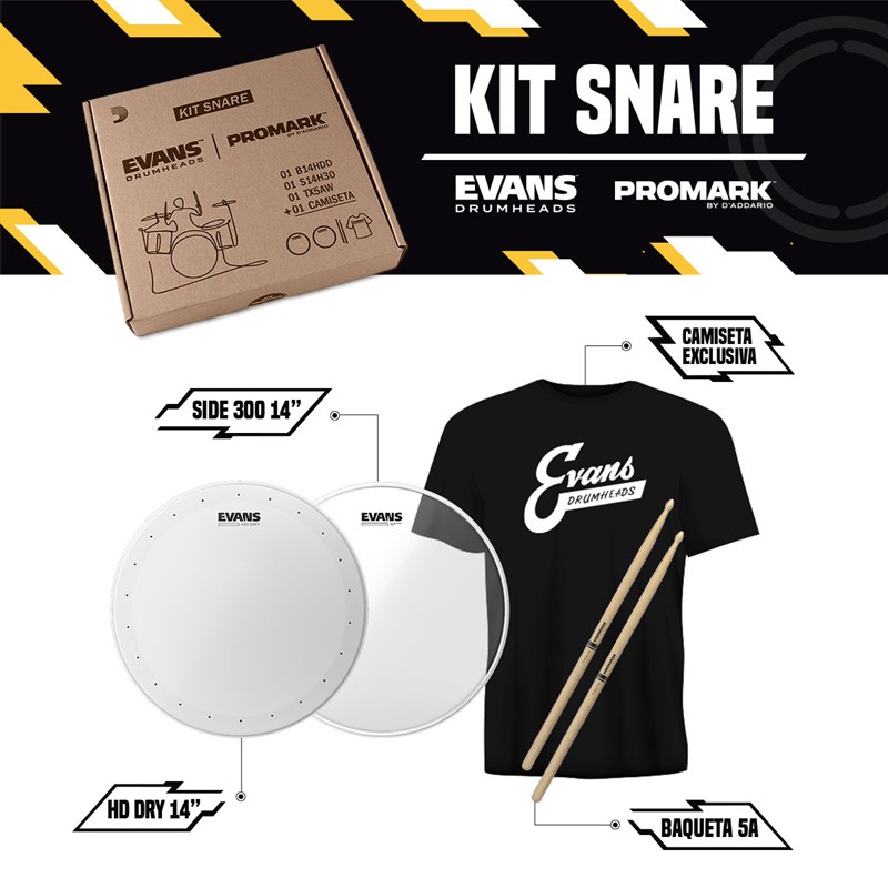 Kit Snare com Peles 14" HD Dry e Side 300 para Caixa (Porosa e Resposta) Baqueta 5A e Camiseta de Brinde Evans