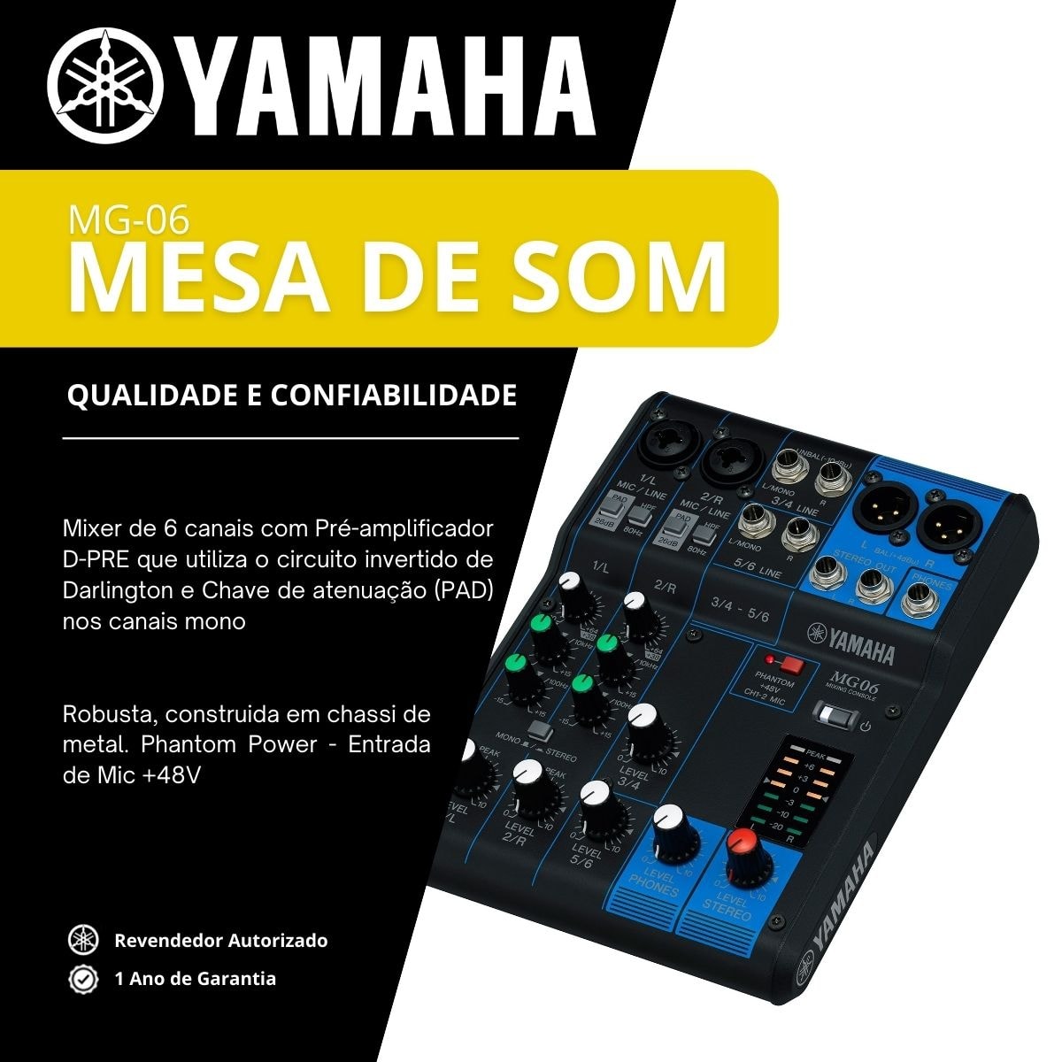 Mesa de Som Yamaha MG06 Mixer de 6 Canais Bivolt