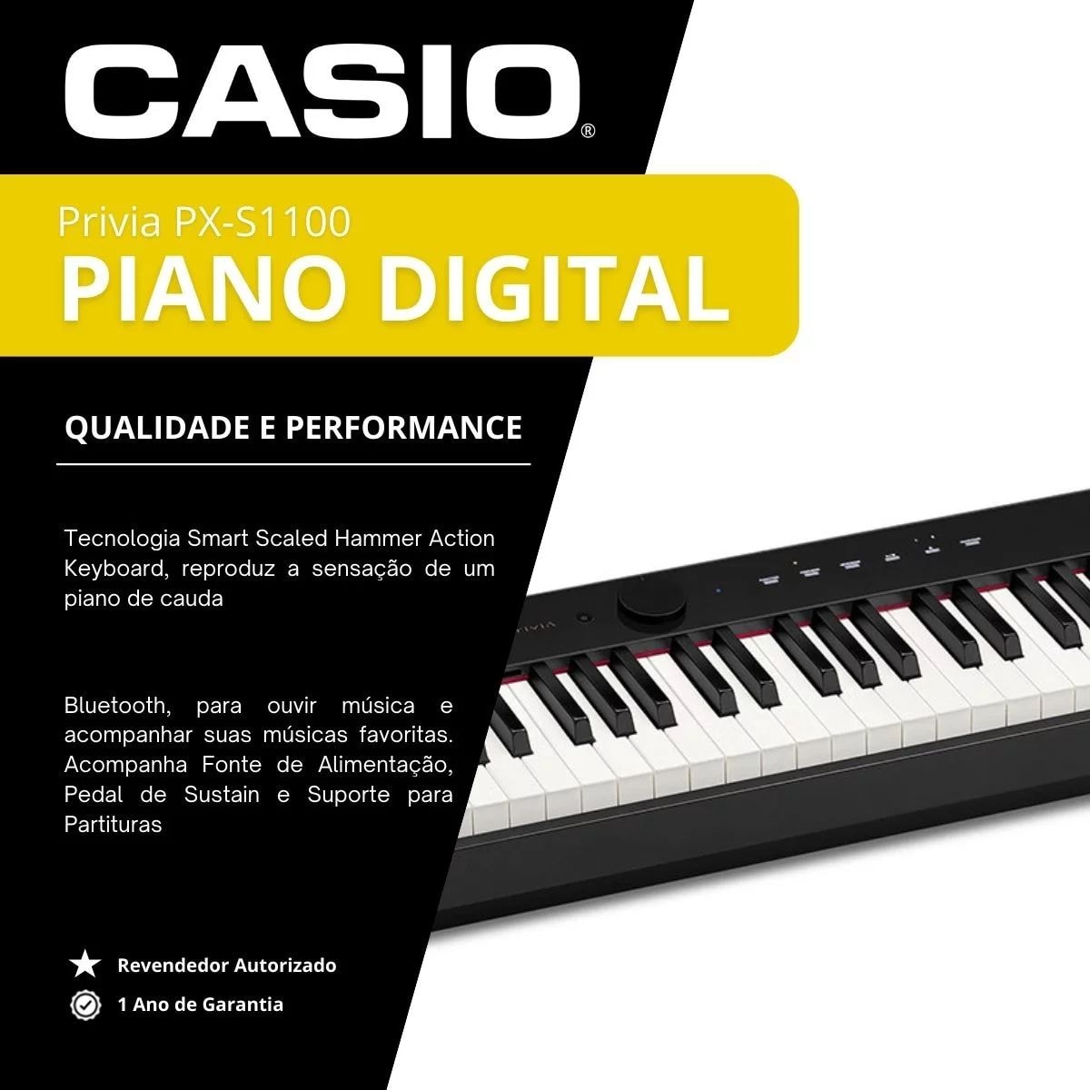 Piano Digital Casio Privia PX-S1100 com Pedal e Fonte - Preto