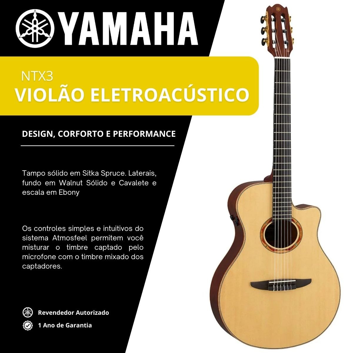 Violão Yamaha Clássico Nylon NTX3 de Spruce e Walnut Maciços